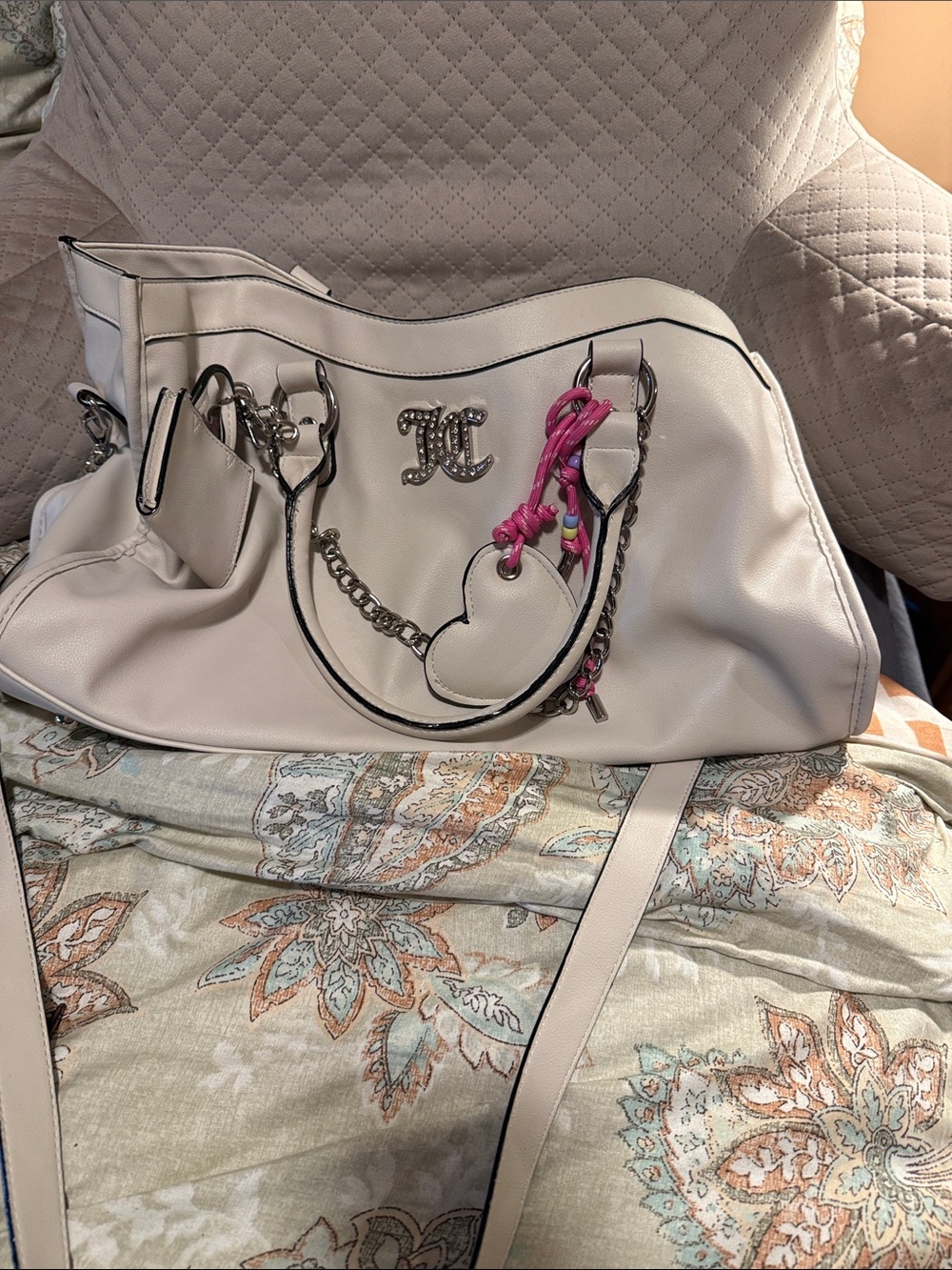 Juicy Couture Cream Leather Shoulder Bag with Pink Braided Accent